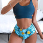 Ladies High Waist Solid Color Printed Swimsuit