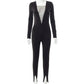 DA5968 V Neck Long Sleeved Split Sexy Jumpsuit With Diamonds