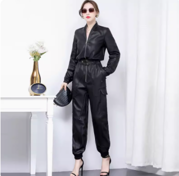 Unique And High-end Feeling, Slim Fitting Black PU Leather Work Suit And Jumpsuit For Women