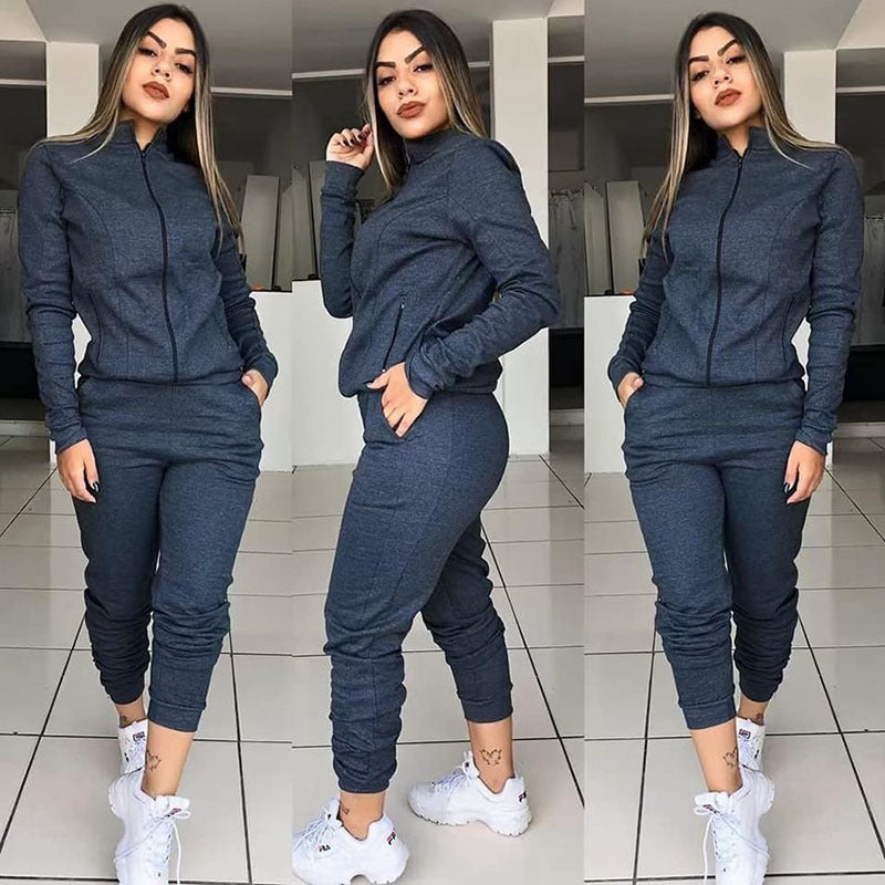 Womens Solid Color Long Sleeve Pants Suit Motion Twinset Two Pieces Fitness Clothing Casual Suit Two-piece Sets