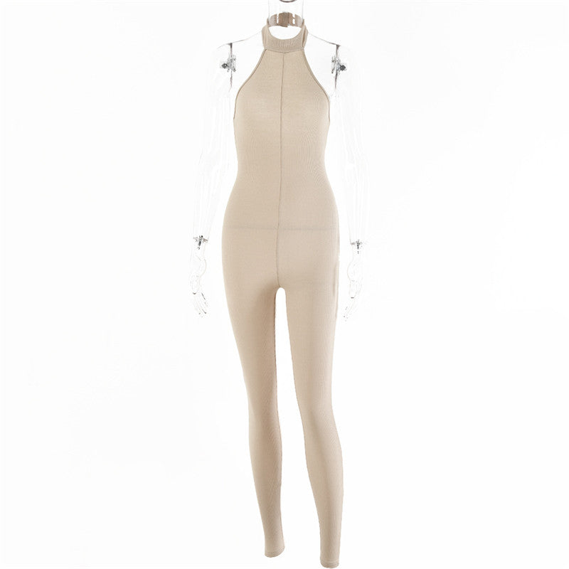 European And American Sleeveless Halterneck Slim-fit Cotton Solid Color Jumpsuit