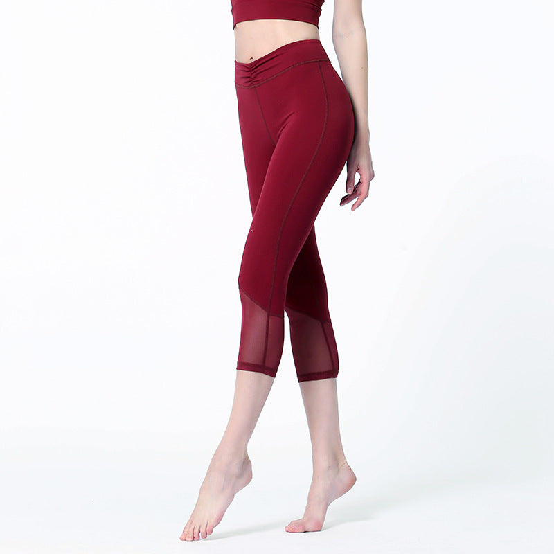 Pleated Mesh Capris Women's Tight And Breathable High Waist