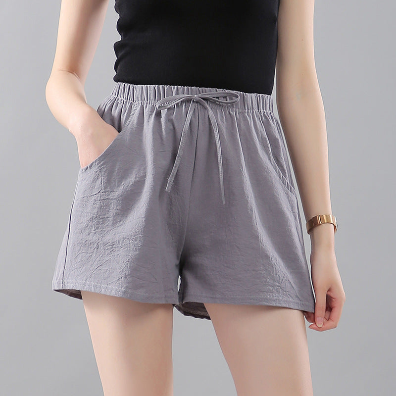 Washed Cotton Solid Color Shorts Women's Wear Loose Tight Waist Casual