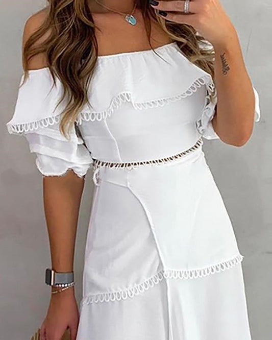 Off Shoulder Half Sleeve Ankle-Length Patchwork Pullover Womens Dress