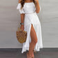 Off Shoulder Half Sleeve Ankle-Length Patchwork Pullover Womens Dress