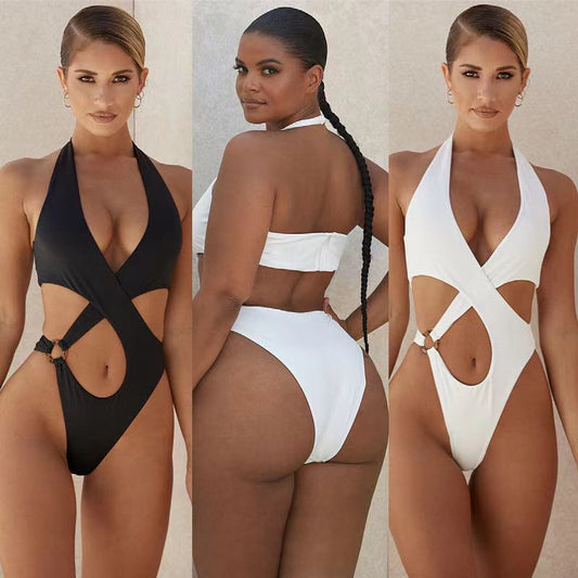 Sexy One-Piece Swimsuit Women's Solid Color Cross Hollow Large Size Bikini Bikini Swimwear