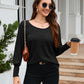 Women's Round-neck Sunken Stripe Brushed Solid Color Stitching Long Sleeve T-shirt