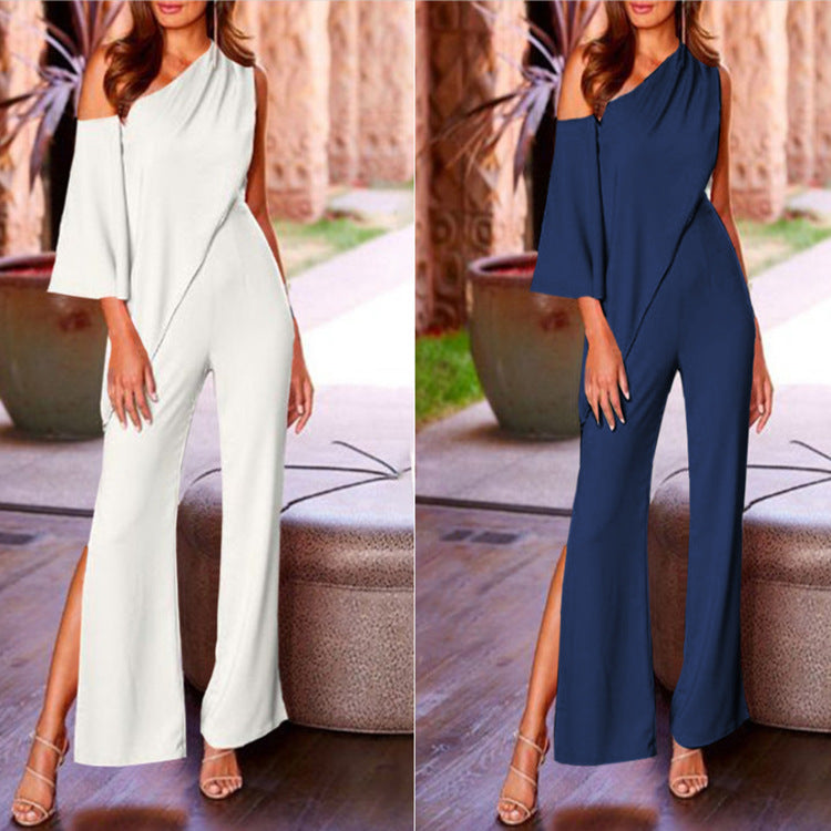 Slant Shoulder Casual Wide Leg Jumpsuit