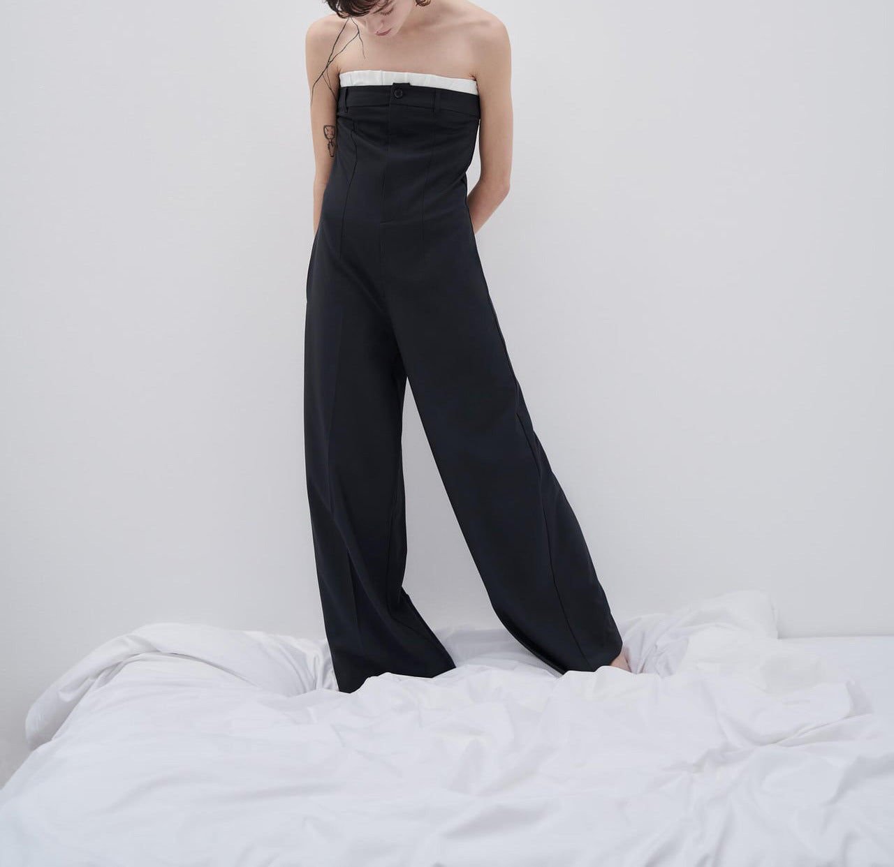 Contrast Color Off-neck Tube Top Jumpsuit Stitching Wide Leg