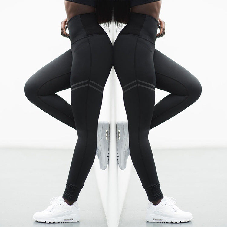 High waist solid color cross-border striped stretch yoga pants fitness bottoming nine points trousers