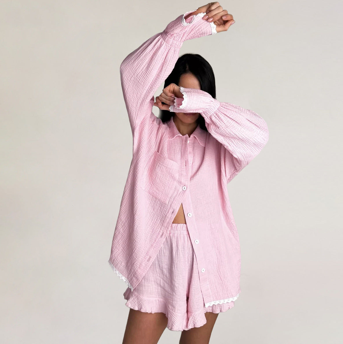 Pure Color Crepe Cotton Pajamas Long Sleeve Shorts Suit