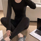 Long Johns Thermal Underwear Stretch Round U Collar Thin Bottoming Shirt Women