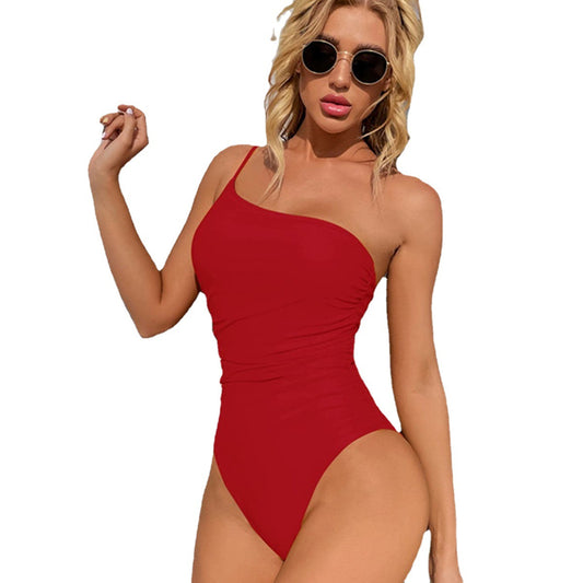 Women's Candy One Shoulder Solid One Piece Swimsuit