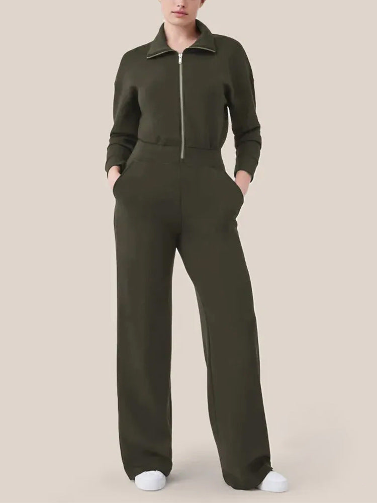 Long Sleeve Wide Leg Jumpsuit Rompers Zipper And Lapel Sweatshirt Suit Women