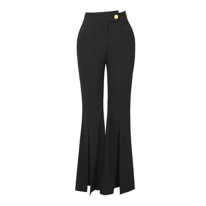 High Waist Black Draping Slit Bootcut Pants