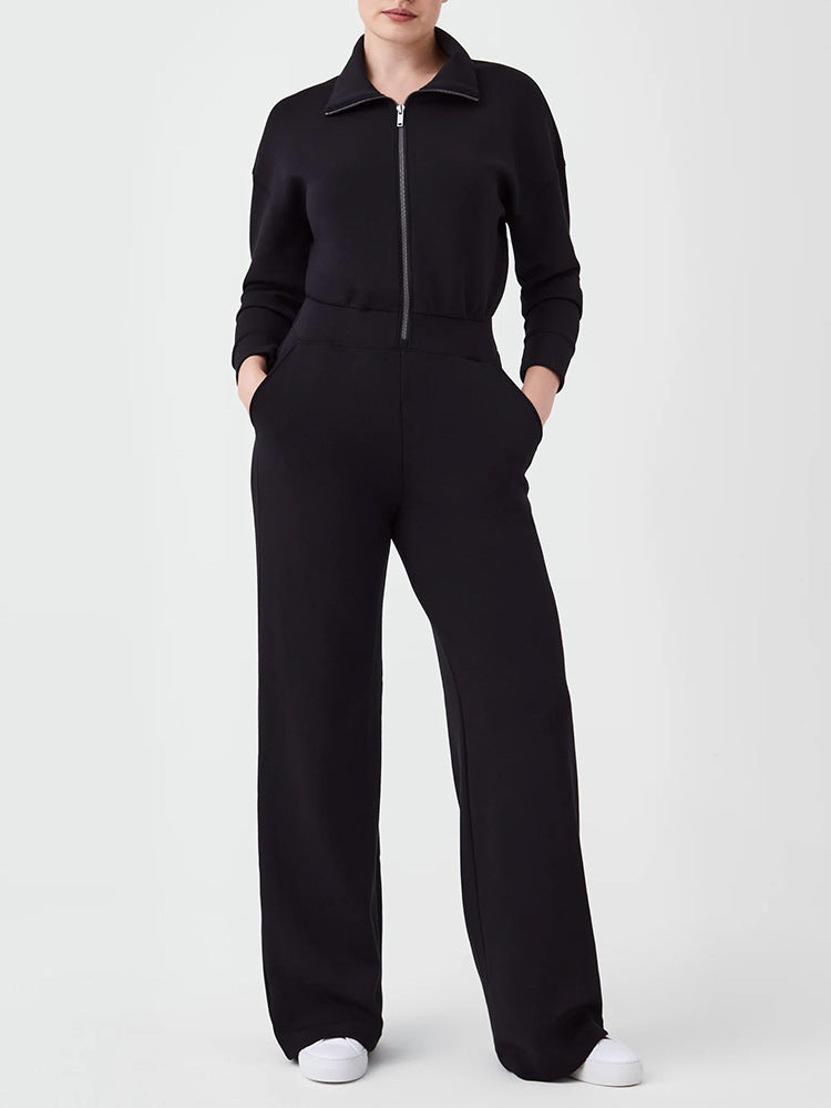 Long Sleeve Wide Leg Jumpsuit Rompers Zipper And Lapel Sweatshirt Suit Women