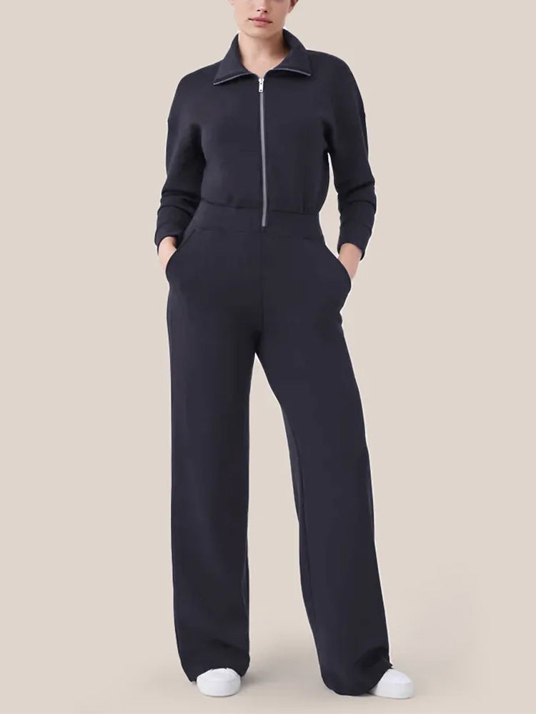 Long Sleeve Wide Leg Jumpsuit Rompers Zipper And Lapel Sweatshirt Suit Women