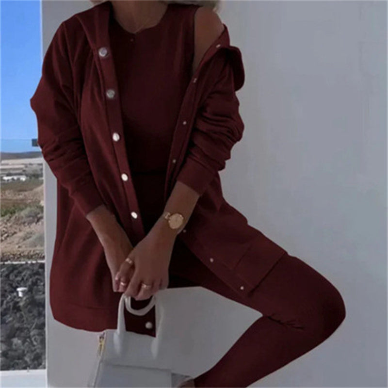 Women's Fashion Sports And Leisure Hooded Sweater Vest Pants Three-piece Set