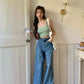 Women's Loose High Waist Retro Cropped Patchwork Wide-leg Jeans