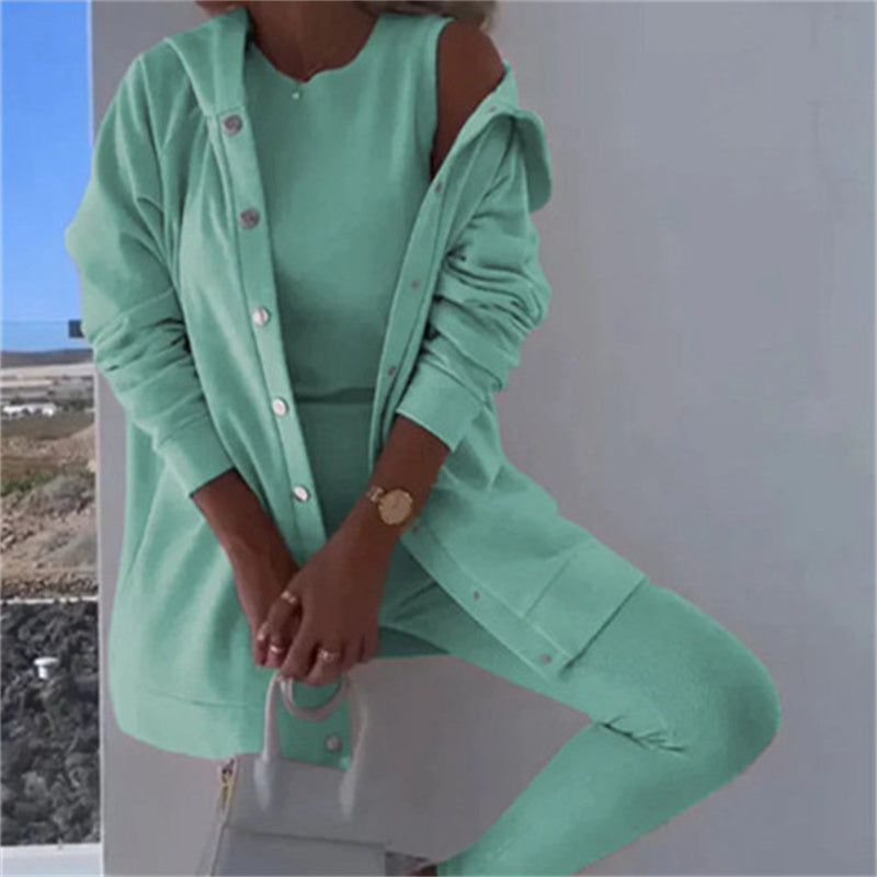 Women's Fashion Sports And Leisure Hooded Sweater Vest Pants Three-piece Set