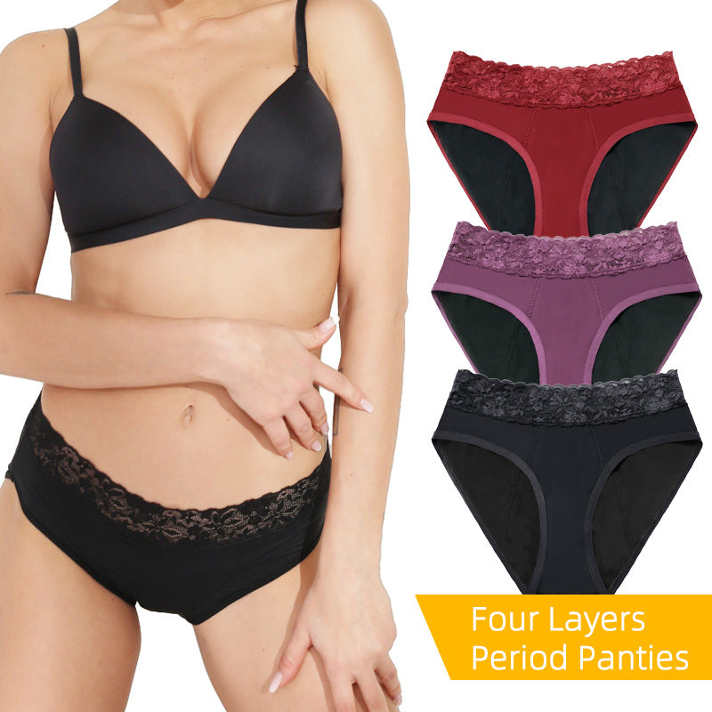 Mid-rise Waist Hollow Lace Four-layer Sanitary Panty