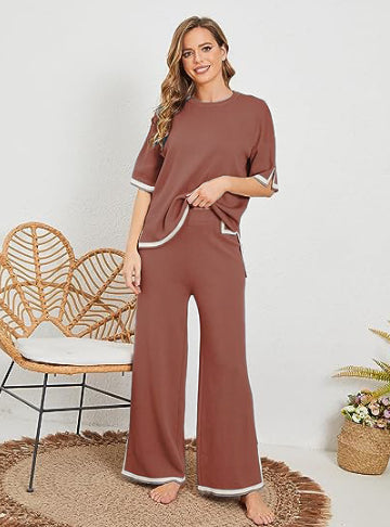 New Knitting Suit Sweater Suit Short Sleeve Pullover Wide Leg Pants