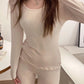 Long Johns Thermal Underwear Stretch Round U Collar Thin Bottoming Shirt Women