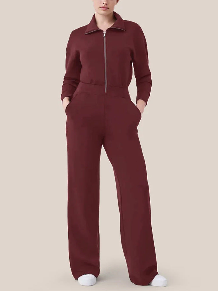 Long Sleeve Wide Leg Jumpsuit Rompers Zipper And Lapel Sweatshirt Suit Women