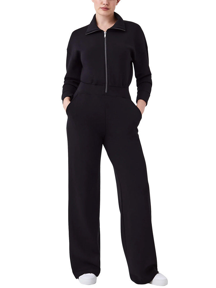 Long Sleeve Wide Leg Jumpsuit Rompers Zipper And Lapel Sweatshirt Suit Women