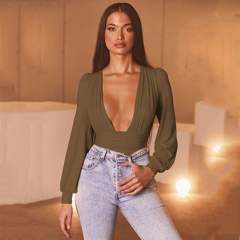 Women's sexy long-sleeved deep V waist pleated temperament bodysuit