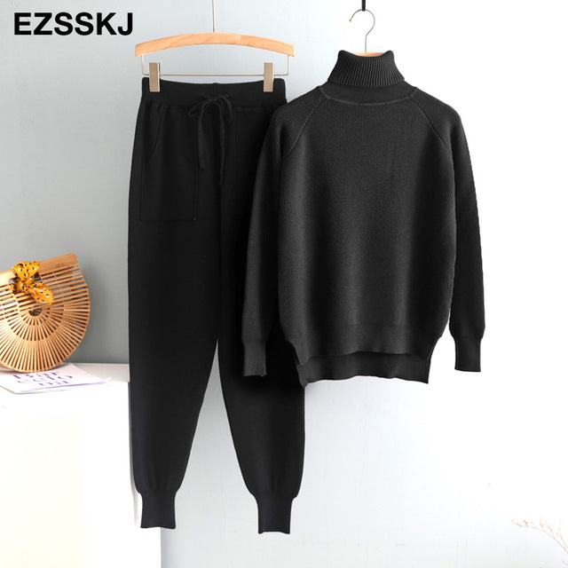 Pieces Set Women Knitted Tracksuit Turtleneck