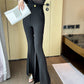 High Waist Black Draping Slit Bootcut Pants