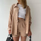 Spring Champray Lapel Long Sleeve Shirt High Waist Drawstring Shorts Plus Size Fashion Casual Set