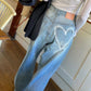 Versatile Heart Printing Design Distressed Draping Wide-leg Washed Jeans