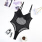 Steel Ring Gathered See-through Striped Mesh Shapewear Bodysuit