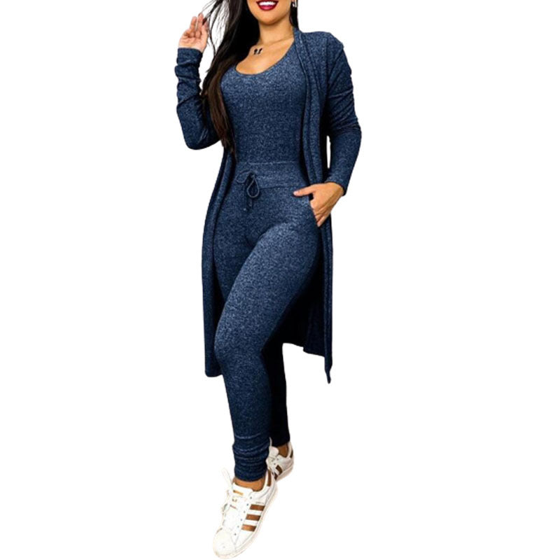 Women's Casual Suit High Waist Slip-on Casual Pants Drawstring Pocket Design Jumpsuit And Cardigan Cover