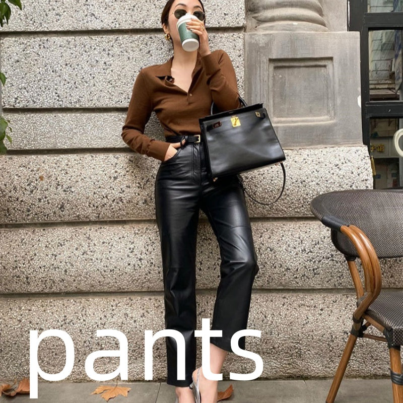 High-grade Polyester Top Slim Fit Leather Pants Adult Lady Like Woman Two Pieces