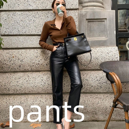 High-grade Polyester Top Slim Fit Leather Pants Adult Lady Like Woman Two Pieces