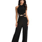 Fashion casual stitching long-sleeved high-neck flared pants black sling jumpsuit