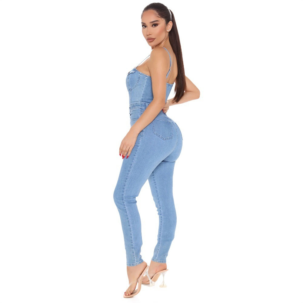 Casual Nightclub Women's High Elastic Denim Jumpsuit Summer