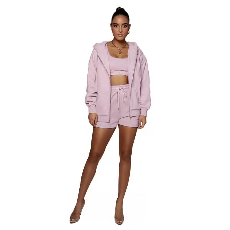 Fashion Casual Solid Color Cardigan Hooded Shorts Women's Two-piece Suit