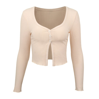 Long Sleeved Crop Cardigan Top Sexy Button Knit T-shirt