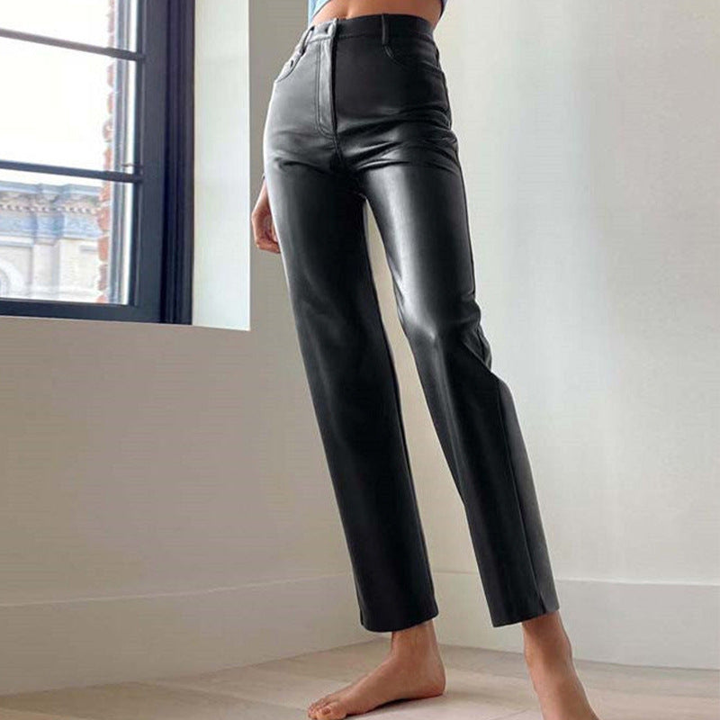 Women's High Waist Straight PU Trousers