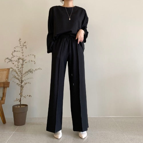 Long Sleeve Top High Waist Straight Wide Leg Casual Pants Two-piece Set