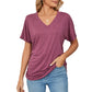 Leisure Pullover V-neck Solid Color Loose T-shirt Women's Top