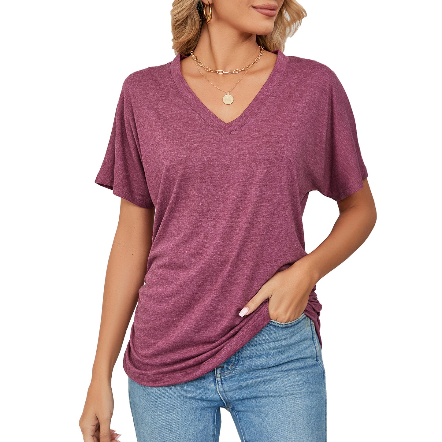 Leisure Pullover V-neck Solid Color Loose T-shirt Women's Top