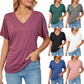 Leisure Pullover V-neck Solid Color Loose T-shirt Women's Top