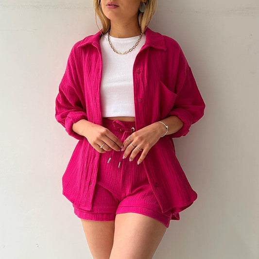 Spring Champray Lapel Long Sleeve Shirt High Waist Drawstring Shorts Plus Size Fashion Casual Set