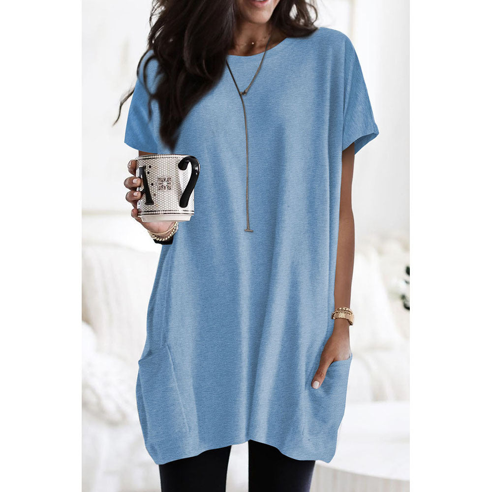 Loose Side Pocket Shiying Mid-length Thigh-length Short Sleeve Top For Women