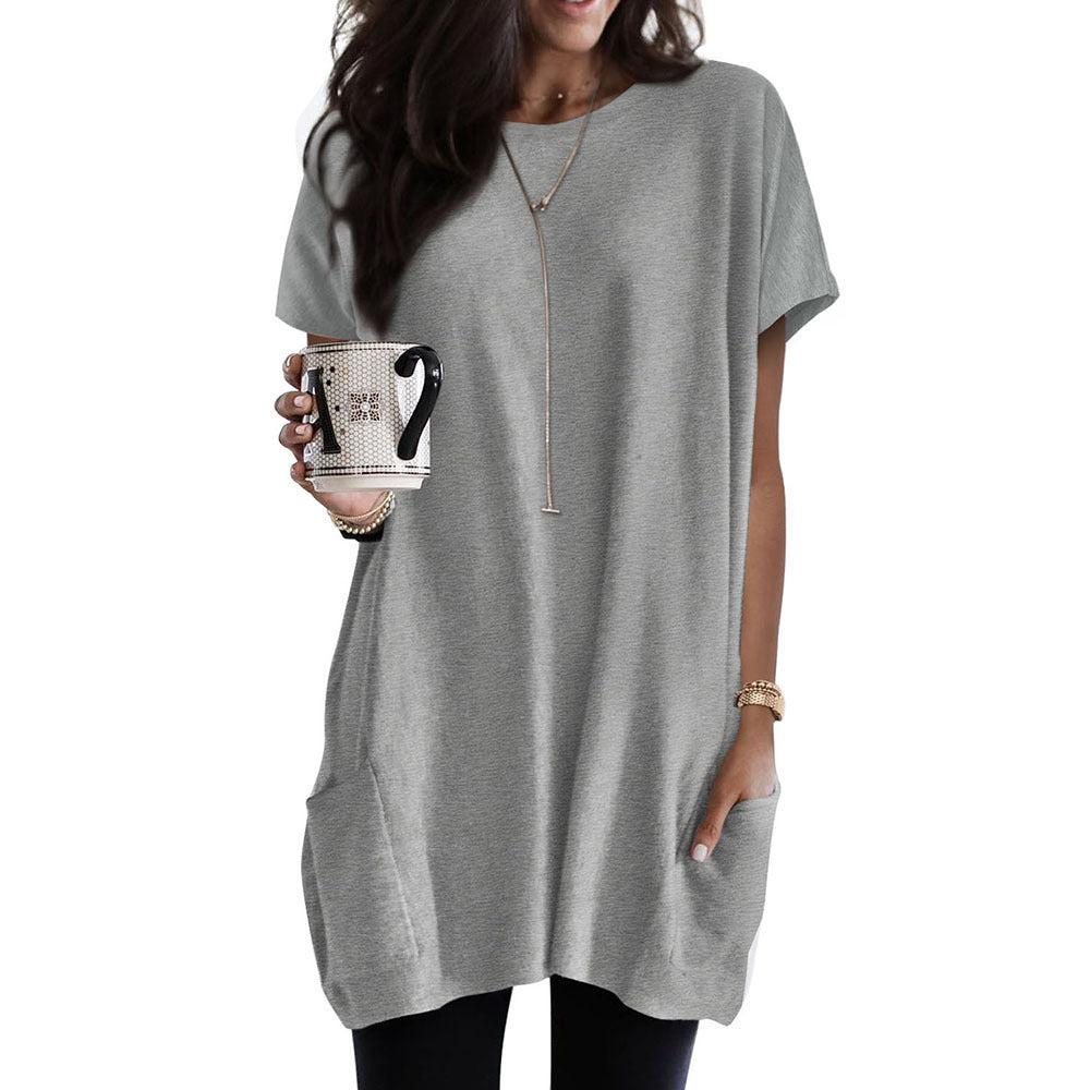 Loose Side Pocket Shiying Mid-length Thigh-length Short Sleeve Top For Women